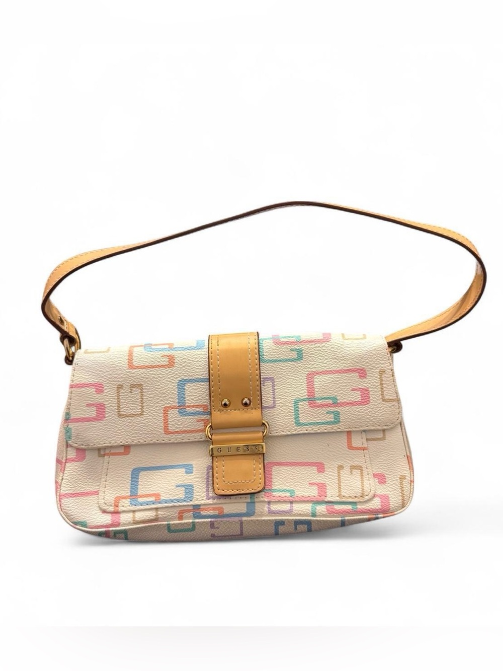GUESS Cream Shoulder Bag with Pastel Multicolor Logo Print